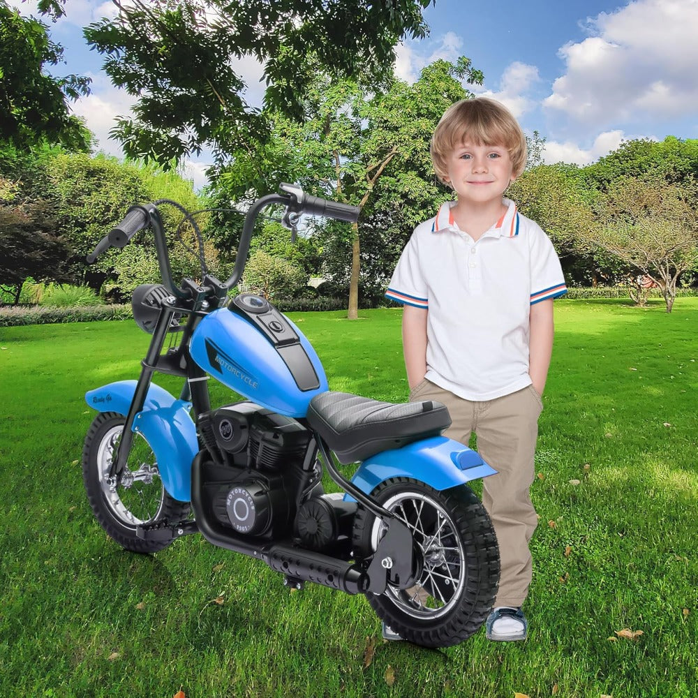 Children's Electric Dirt Bike 24V, Maximum Load Capacity 150 Lbs, 15 Mph Speed, Chain Drive Motor with 12-inch Pneumatic Tires, Handbrake and Shock Absorbers, LED Lights, Battery Indicator, Suitable for Boys and Girls Ride on