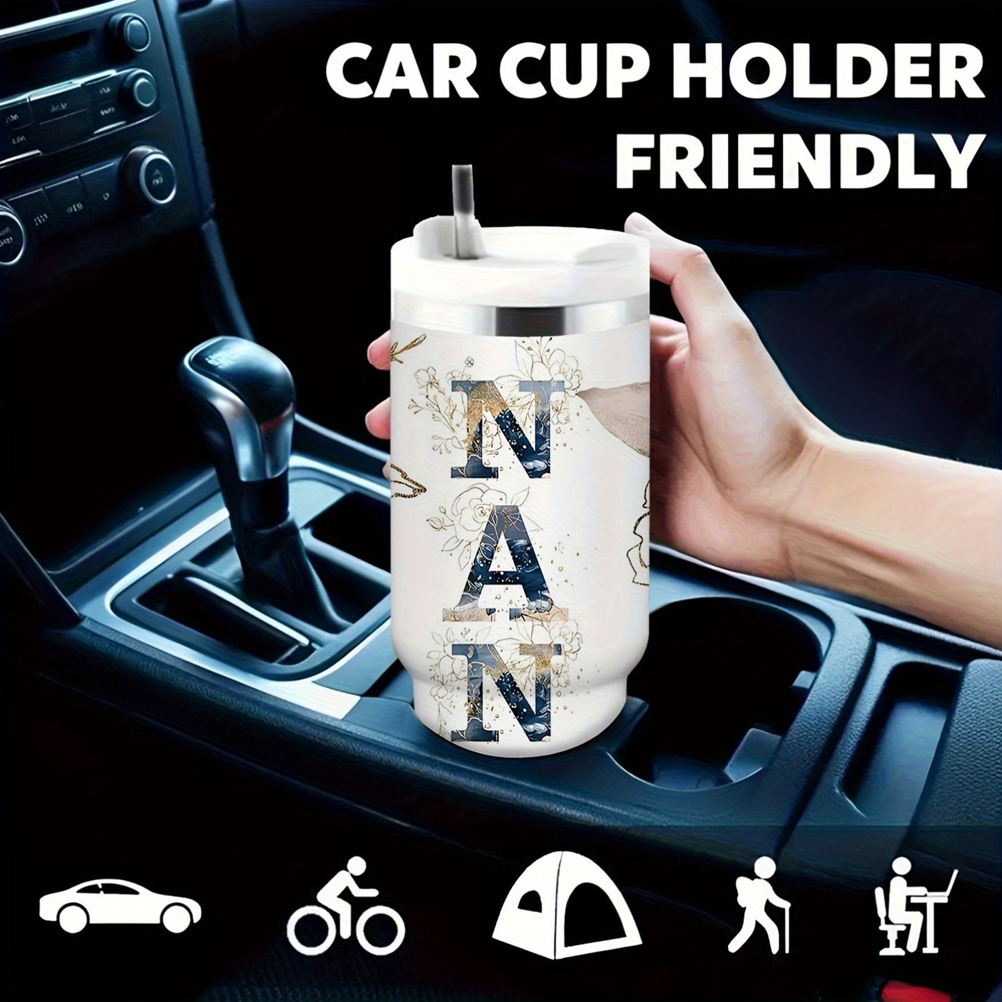 1pc 30oz Floral NANA Stainless Steel Insulated Tumbler with Lid & Straw, Double-Wall Vacuum Insulated Cup for Hot & Cold Drinks, Perfect for Outdoor Travel, Birthday & Holiday Gifts, Travel Drinkware | Floral Pattern Tumbler