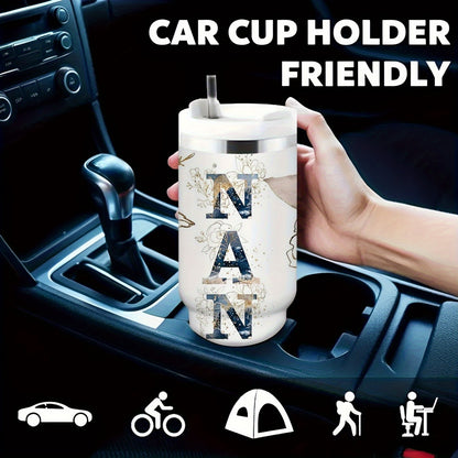 1pc 30oz Floral NANA Stainless Steel Insulated Tumbler with Lid & Straw, Double-Wall Vacuum Insulated Cup for Hot & Cold Drinks, Perfect for Outdoor Travel, Birthday & Holiday Gifts, Travel Drinkware | Floral Pattern Tumbler