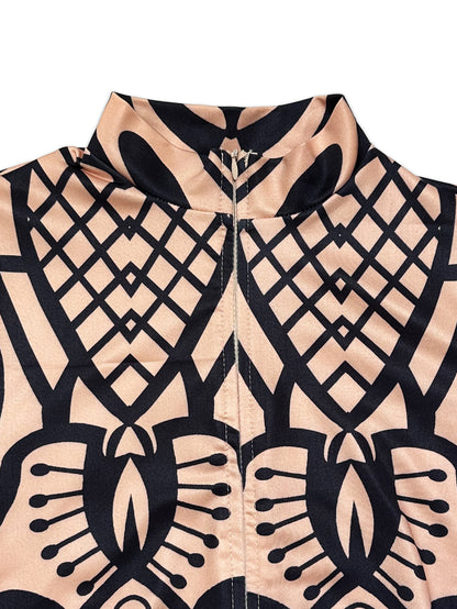 Women'S Sexy Geometric Print Full-Zip Jumpsuit - Long Sleeve Full-Length Pants Bodysuit with V-Neck, All-Over & Pattern, Stretchy Comfort Fit for Casual to Formal Events, Year-Round Wear, Easy Zipper Closure (No Fasteners) -