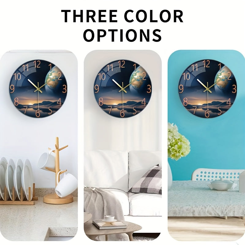 12 Inch Space-Themed Earth Landscape Wall Clock - Thick Tempered Glass, Silent Non-Ticking Modern Round Clock for Living Room, Bedroom Decor - Perfect Birthday & Holiday Gift (AA Battery Operated, Not Included), Sleek Hour Ma
