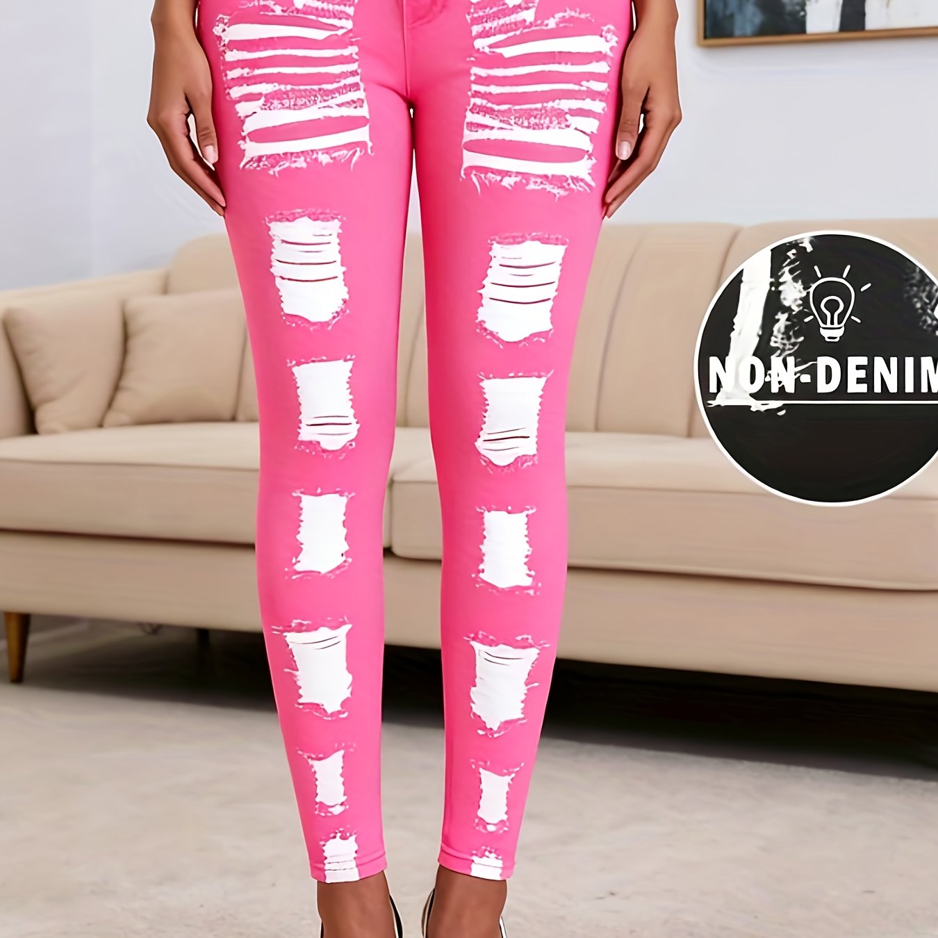 [Printed Pants - Not Denim Fabric] Printed Legging - Not Denim Fabric - Christmas Plus Size Women's Digital Print Denim-Look Leggings, Stretch Polyester, All-Season Casual Slim-Fit Pants, Regular Fit, Adult Sizes, Machine Was