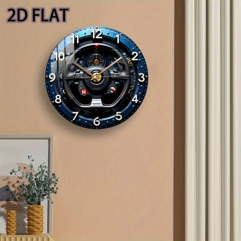 12-Inch Racing Car Steering Wheel Wall Clock - Silent Quartz Movement, Black & Yellow with Red N Emblem & Metallic Accent - Glass Round Clock for Home, Garage, Office, for Man Cave Decor - Ideal Gift for Motorsport Fans (AA B