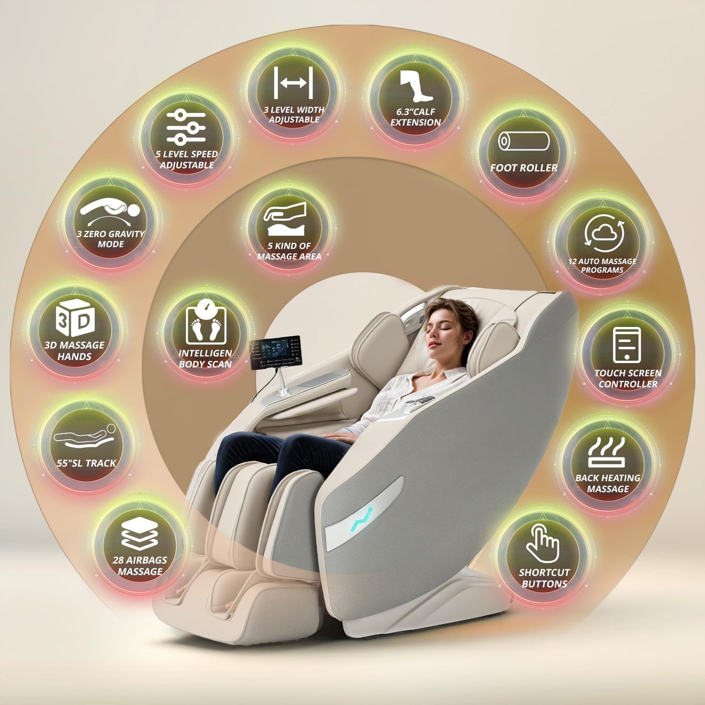 3D Massage Chair Full Body Zero Gravity Recliner - with Heated Heat, 12 Auto Massage Modes, Shiatsu Foot Massage, with 55" SL Track, 28 Airbags Massage, Foot Roller