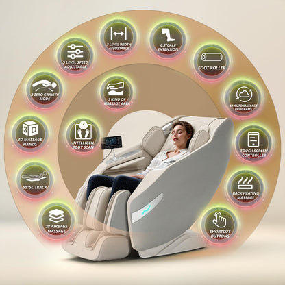 3D Massage Chair Full Body Zero Gravity Recliner - with Heated Heat, 12 Auto Massage Modes, Shiatsu Foot Massage, with 55" SL Track, 28 Airbags Massage, Foot Roller
