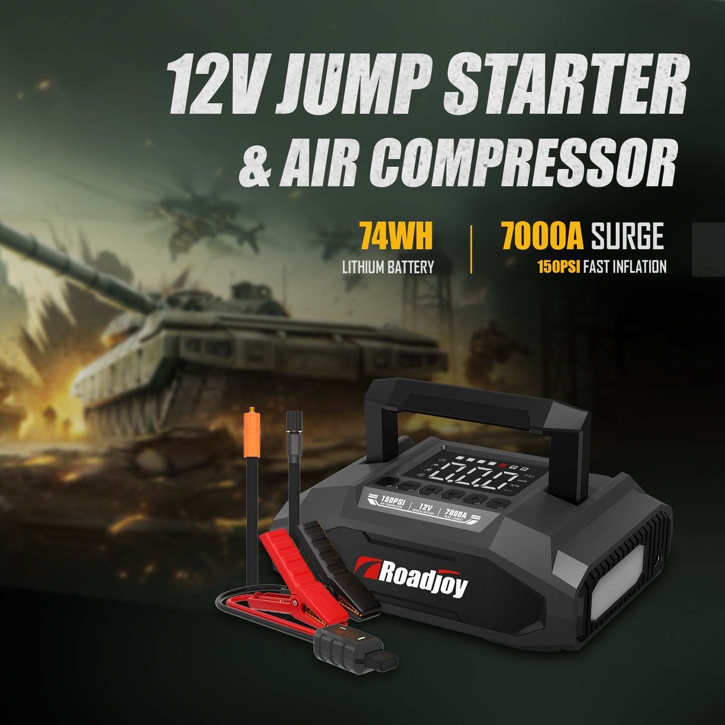 Roadjoy 7000A Peak Portable Jump Starter with Air Compressor, 150PSI Digital Tire Inflator, 12V Car Battery Charger, 2.11gal Gas/Diesel Engine, Fast Charge USB QC18W, LED Emergency Light, Power Bank & Power Station, USB-Power