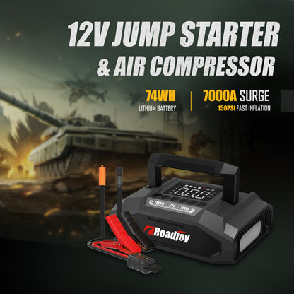 Roadjoy 7000A Peak Portable Jump Starter with Air Compressor, 150PSI Digital Tire Inflator, 12V Car Battery Charger, 2.11gal Gas/Diesel Engine, Fast Charge USB QC18W, LED Emergency Light, Power Bank & Power Station, USB-Power
