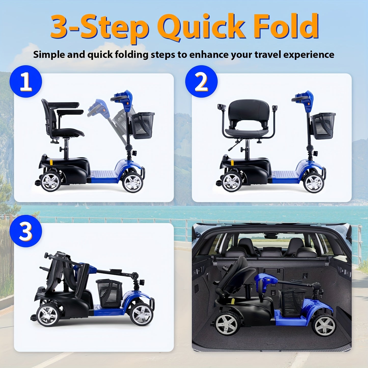 4-Wheel Electric Mobility Scooter for Adults & Seniors - 15-mile Range, 6 Mph Speed, 24V 12Ah, Equipped with LED Headlights And Adjustable Swivel Seat. Powered By A 250W Motor, It'S The Perfect Companion for Outdoor Camping T