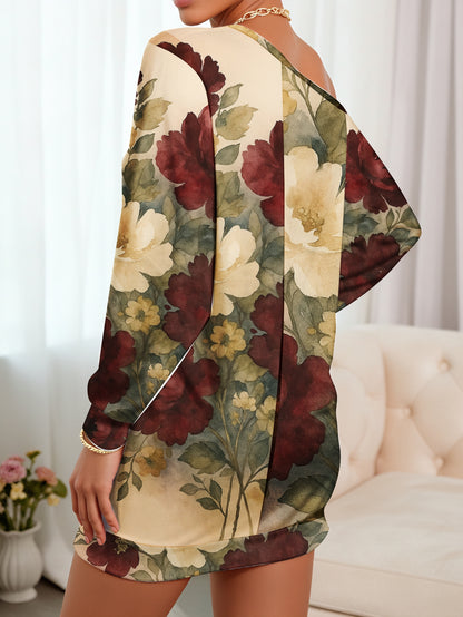 Plus Size, Women's Elegant One-Shoulder/Boat Neck Floral print dress - Cream with Red & Yellow Roses, Short to medium length Fitted Party Wedding Guest Dress, Prom Attire, Machine Washable Spring Outfit