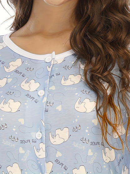 Women'S Lightweight Long Sleeve Onesie Pajamas - Cozy Cartoon Bear & Cloud Print, Button-Up Front, Soft Polyester Blend, All-Season Comfort for Home & Relaxation, Relaxation Wear | Playful Print Onesie | Soft Texture Onesie
