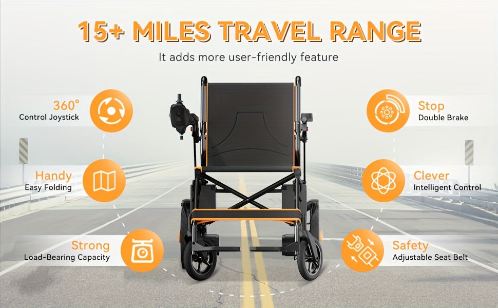 KERDOM Smart Folding Electric Wheelchair (Adult/Senior Model) - The Perfect Gift for Parents! 15+ Miles Range, 12AH Battery, 360° Joystick, All-Terrain Mobility, One-Key Folding (Black/Orange Dual Color)