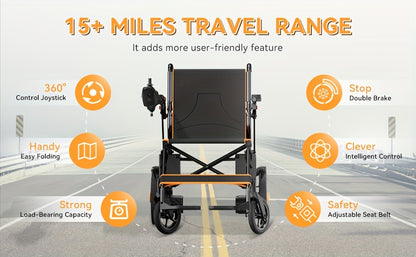 KERDOM Smart Folding Electric Wheelchair (Adult/Senior Model) - The Perfect Gift for Parents! 15+ Miles Range, 12AH Battery, 360° Joystick, All-Terrain Mobility, One-Key Folding (Black/Orange Dual Color)