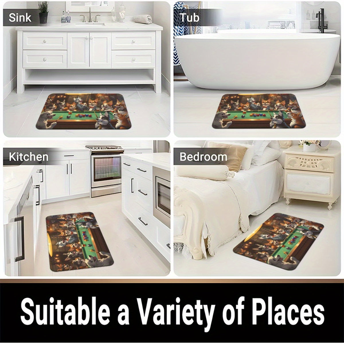 1pc Playful Dogs Playing Billiards Door Mat - Absorbent Microfiber Polyester, Machine Washable Indoor Rug for Bathroom, Bedroom, Living Room Entrance, Bathroom Floor