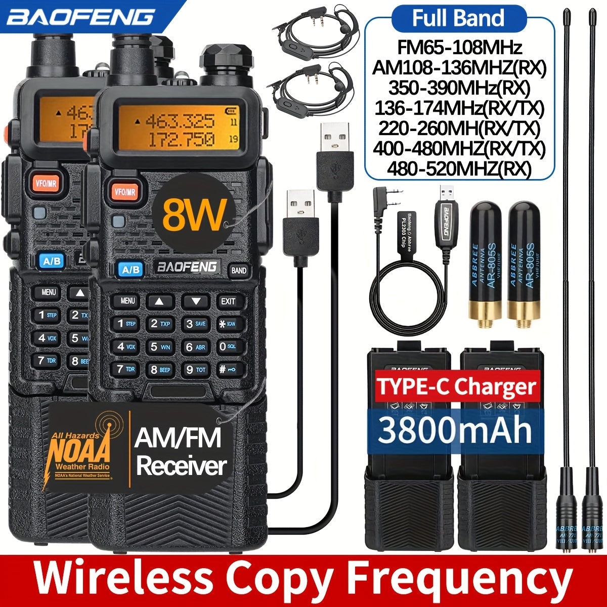 BAOFENG 8W Max Power Ham Radio Long Range Dual Band VHF UHF Handheld High Power 3800Mah Rechargeable Walkie Talkies Handheld Two Way Radio with High Gain Long Antenna, Programming Cable, Speaker Mic And Earpiece Full Kit, 2Pa