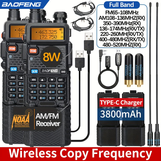 BAOFENG 8W Max Power Ham Radio Long Range Dual Band VHF UHF Handheld High Power 3800Mah Rechargeable Walkie Talkies Handheld Two Way Radio with High Gain Long Antenna, Programming Cable, Speaker Mic And Earpiece Full Kit, 2Pa