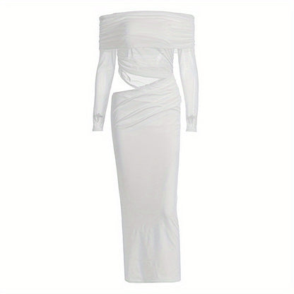 Women'S Elegant White Off-Shoulder - Mesh Long-Sleeve Mermaid/Trumpet Mermaid Maxi Dress - Sexy Sheer Formal Evening Gown with Waist-Cut Silhouette, Solid Color Party Wedding Gala Evening Dress for Women - Structured Fit & Fl