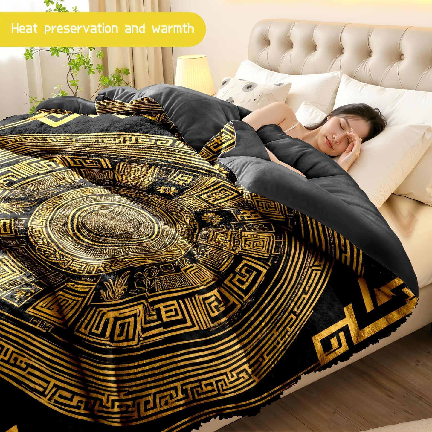 3pcs (1 comforter + 2 pillowcases) Golden Pattern Flannel & Milk Velvet Comforter Set, Soft Warm Bedding Set for Adults, Cozy Milk Velvet Quilt Set, Trendy Bedding Essentials, Bedroom Essentials, Modern Quilt Set, Stylish Bed