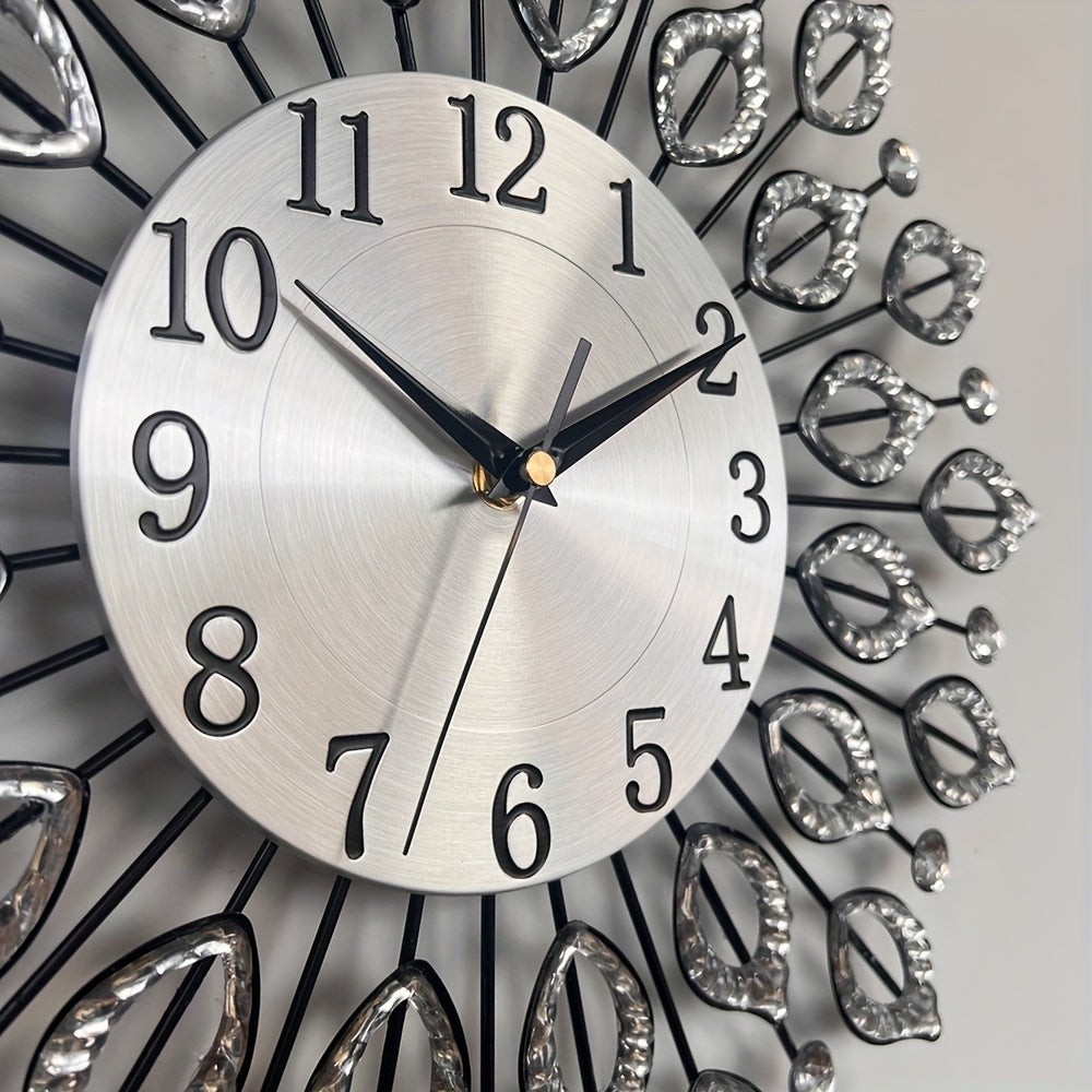 1pc silent decorative wall clock, 15.35 inch black metal material, with easy to read numbers, acrylic leaf rhinestones design, suitable for multiple places such as living room and bedroom, and a new house gift, Living Room Wa
