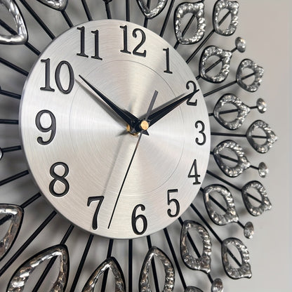 1pc silent decorative wall clock, 15.35 inch black metal material, with easy to read numbers, acrylic leaf rhinestones design, suitable for multiple places such as living room and bedroom, and a new house gift, Living Room Wa