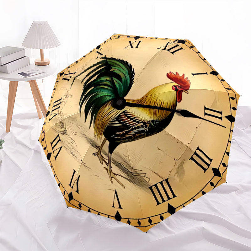 Automatic Open/Close Umbrella with Rooster Clock Face - Windproof Portable Folding Umbrella, 8-Rib Sturdy Frame, Golden & Design with Roman Numerals, Ideal Halloween/christmas Gift For Men & Women, Casual Fashion Umbrella, Du