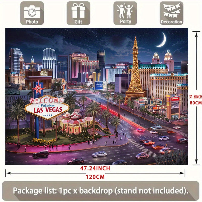1pc Las Vegas Night Scene Polyester Banner - Vibrant Cityscape with Eiffel Tower, Lights, and "Welcome to Fabulous Las Vegas" Sign - Ideal for Home, Room, or Party Decor, Party Backdrop | Urban Night Theme | Durable Decor Mat