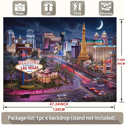 1pc Las Vegas Night Scene Polyester Banner - Vibrant Cityscape with Eiffel Tower, Lights, and "Welcome to Fabulous Las Vegas" Sign - Ideal for Home, Room, or Party Decor, Party Backdrop | Urban Night Theme | Durable Decor Mat