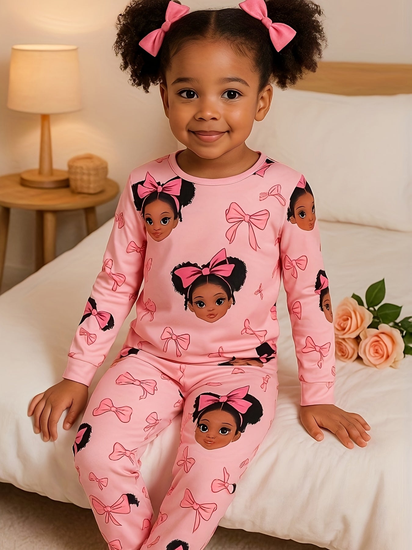 Two Casual, Stylish, And Versatile Round Neck Long-Sleeved Pajamas And Loungewear Sets for Girls, Featuring Random Prints of Girls' Faces, Perfect for Spring And Autumn.
