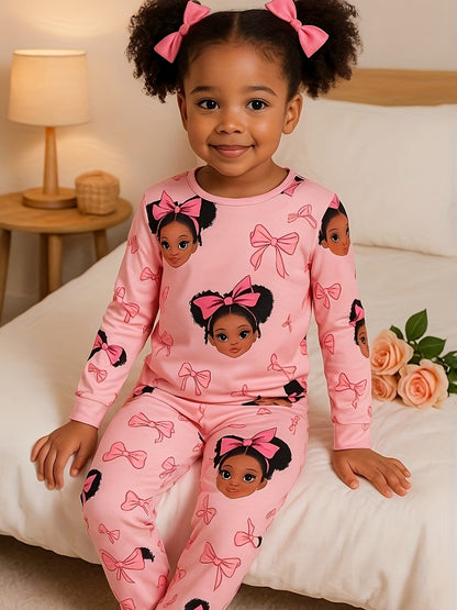 Two Casual, Stylish, And Versatile Round Neck Long-Sleeved Pajamas And Loungewear Sets for Girls, Featuring Random Prints of Girls' Faces, Perfect for Spring And Autumn.