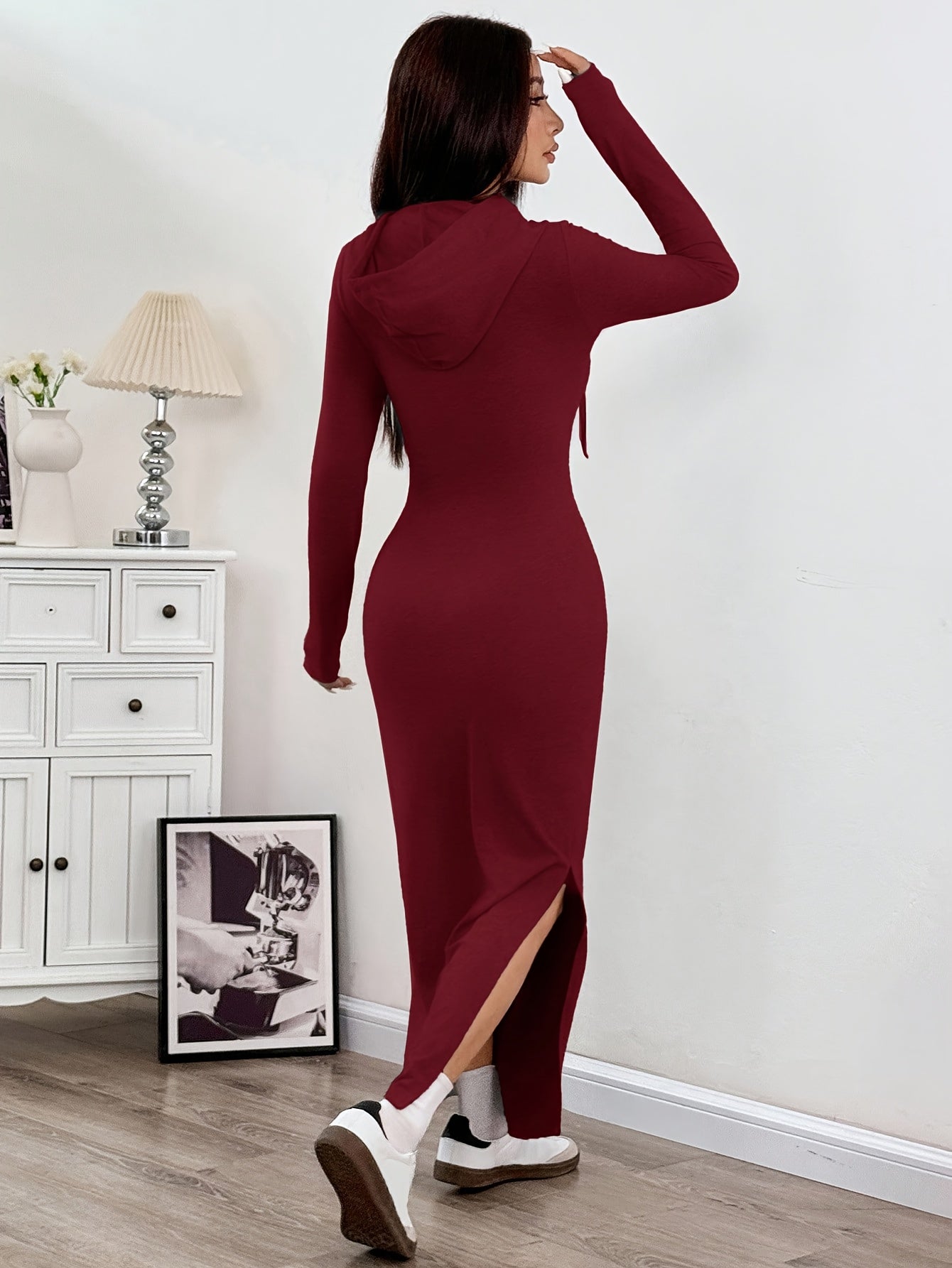 Spring and Autumn New Hooded Long Cross Knee Casual Fashion Dress | Solid Color, Long Sleeve, Bodycon Fit, Slit Hem