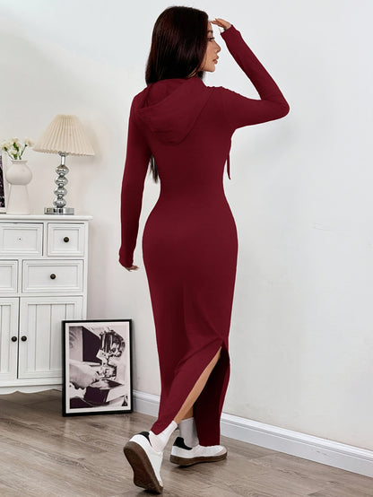 Spring and Autumn New Hooded Long Cross Knee Casual Fashion Dress | Solid Color, Long Sleeve, Bodycon Fit, Slit Hem