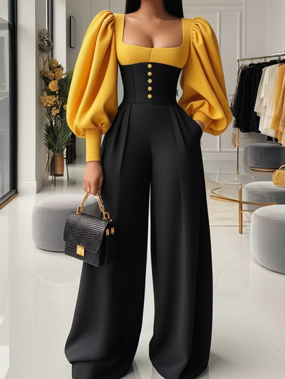 Yellow-Black Contrast Puff-Sleeve Waist-Tie Jumpsuit for Women | Retro Palace Style, Elegant Square Neck, Perfect for Fall/Winter, Color Block Pattern, Ideal for Daily Eye-Catching Looks, Refined Date Outfits, and Elegant Occ
