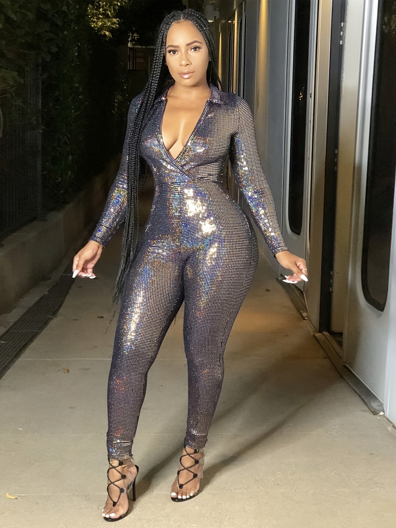 European And American Women'S Metallic Texture Light Mature Deep V-neck Long Sleeved Tight Jumpsuit
