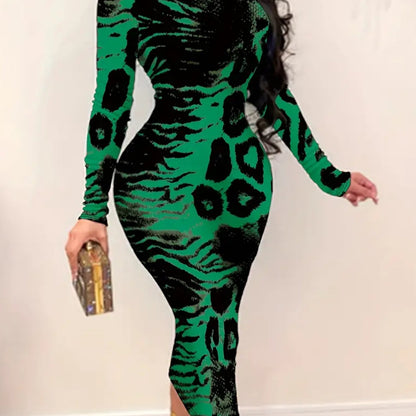 Plus Size - Plus Size Women'S Elegant Green & Black Leopard Print Bodycon Dress - Long Sleeve Slim-Fit Midi Length with Round Neck, All-Season Party & Everyday Outfits, Animal Print Statement Dress for Women (New Arrival)
