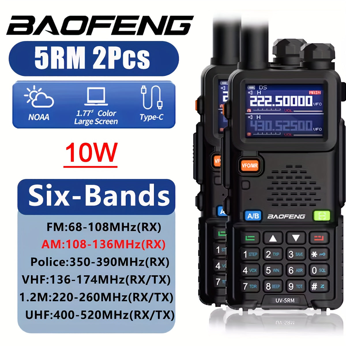 Baofeng UV-5RM Long Range Walkie Talkie, 10W High Power, Dual Band (UHF/VHF), 6-Band FM Radio, Rechargeable Battery, Clear Communication Up To 10 Miles, Compact & Durable Design Portable Radio, Sturdy Build, Intercom System,