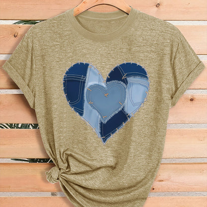 Women'S Fashion Graphic Tee, Theme Party Outfit, Local Warehouse Item, T Shirt For Women, Women Clothing Style, Heart Print Casual Top, Comfortable Blend Fabric, Breathable, All-season, Crew Neck, Short Sleeve, Machine Washab