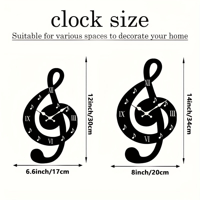 Creative hollow-out wall clock, minimalist musical note design, irregularly cut music-themed clock, silent quartz movement. Suitable for bedrooms, living rooms, offices, kitchens, and bathrooms. Battery-powered (batteries not