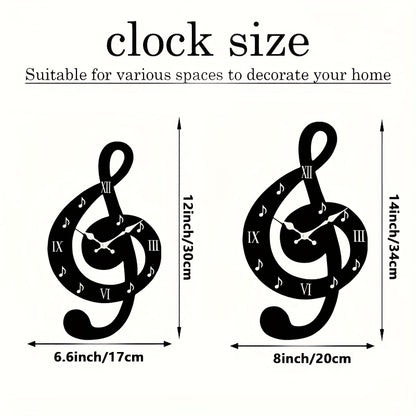 Creative hollow-out wall clock, minimalist musical note design, irregularly cut music-themed clock, silent quartz movement. Suitable for bedrooms, living rooms, offices, kitchens, and bathrooms. Battery-powered (batteries not