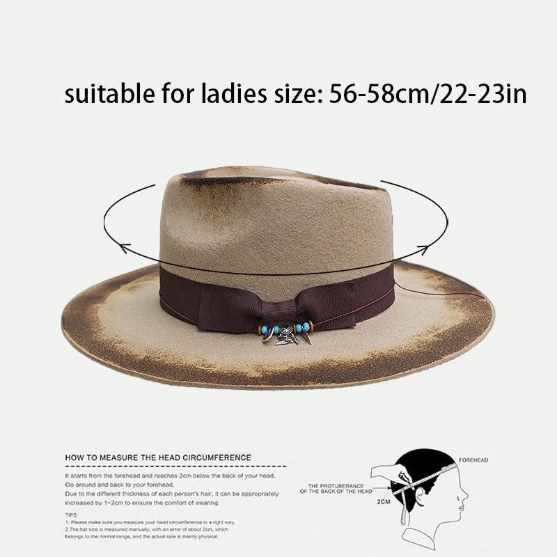 Unisex Vintage Wool Felt Hat with Turquoise-like Feather-Like Ribbon & Feather-Like Pendant - Wide Brim Western /Cowgirl Hat for &, Casual Outdoors, Parties, Daily Wear - Beige/Brown Retro Jazz