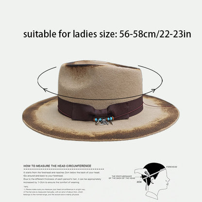 Unisex Vintage Wool Felt Hat with Turquoise-like Feather-Like Ribbon & Feather-Like Pendant - Wide Brim Western /Cowgirl Hat for &, Casual Outdoors, Parties, Daily Wear - Beige/Brown Retro Jazz