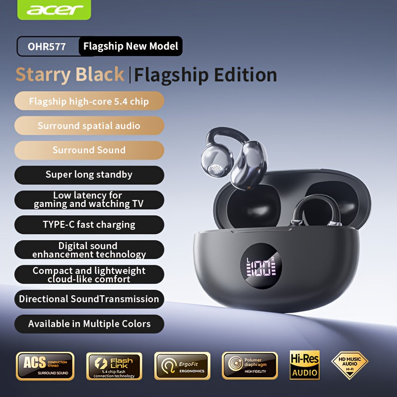 Acer 2025 new model back-to-school season TWS Wireless Headset Heavy Bass Stereo + Talking Noise Cancellation Ultra Long Lasting Sports Running hanging ear Low Latency Gaming Mode HIFI Audio Lightweight Touch Design Stylish D