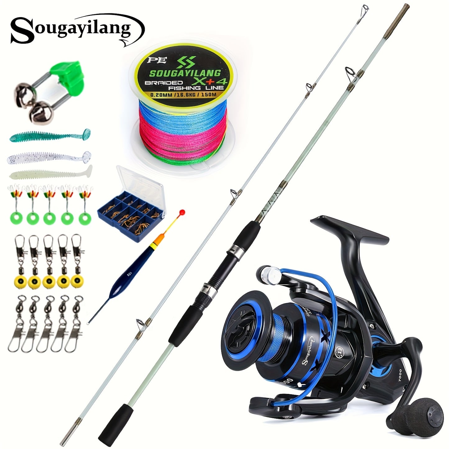 Sougayilang Fishing Rod and Reel Set, Two-Section Straight Handle Spinning Reel Combo with 5.2:1 Gear Ratio for Blackfish, Trout, Bass, Dogfish, and Carp - Beginner-Friendly Complete Tackle Kit with Random Color Line and Bait