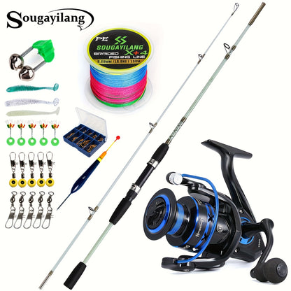 Sougayilang Fishing Rod and Reel Set, Two-Section Straight Handle Spinning Reel Combo with 5.2:1 Gear Ratio for Blackfish, Trout, Bass, Dogfish, and Carp - Beginner-Friendly Complete Tackle Kit with Random Color Line and Bait
