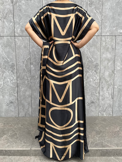 Plus Size Geometric Print Kaftan Dress - Flattering Modest Crew Neck, Comfortable Short Sleeves, Flowy Maxi Silhouette - Designed for Curvy Women, Plus Size Clothing for a Confident Fit, Party Dress|Geometric Print|Comfortabl