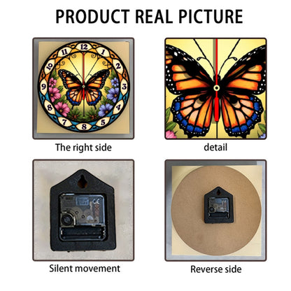 1pc Stained Glass Butterfly Suncatcher Wall Clock - 10 Inch Round Silent Non-Ticking Battery-Powered (AA Not Included) with Easy-to-Read Numerals, Multicolor (Orange/Pink/Purple/Green/Yellow) Floral Butterfly Design - Elegant