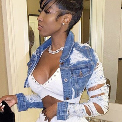 Cut Mini Sexy Cardigan Long Sleeve Denim Short Jacket