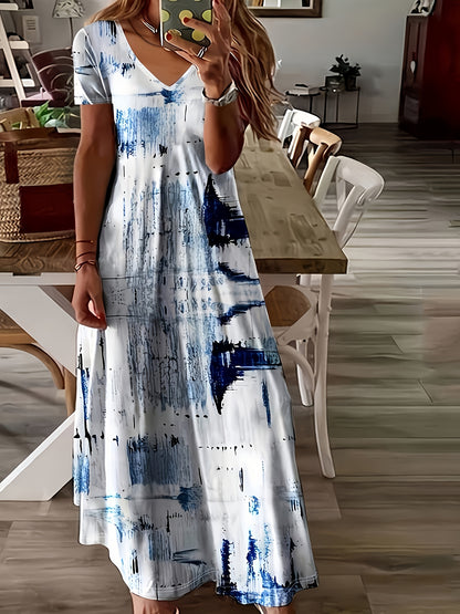 [V-Neck Summer Dress] Women's Casual V-Neck Short Sleeve Tie-Dye A-Line Maxi Dress - Breathable Summer Machine Washable Long Dress with Medium Stretch for Beach, Picnics & Casual Outings, Beach Dresses, Picnic Clothing, Flowy