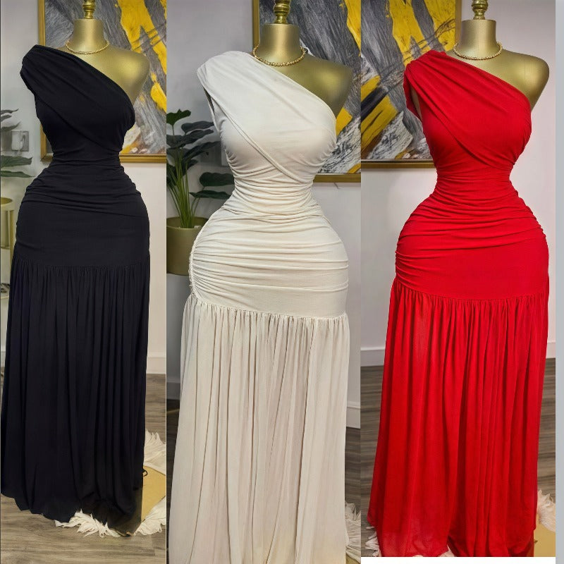 Elegant Mermaid/Trumpet Long Dress - Sleeveless Asymmetrical Slanted Collar & Slit Hem, Slim Fit -Length Party Wedding Guest Gown, Prom Dress for Themed Events, Daily Wear (No Feathers)