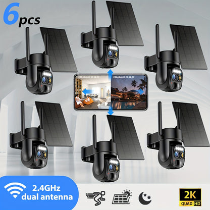 6pcs [10x Zoom] 360-degree Low-power Solar Panel Battery 2K FHD WiFi with Spotlight Alarm, Motion Detection, Color Night Vision, Two-way Audio And IP66Waterproof., Outdoor Surveillance, Smart Home Security, Modern Security, W