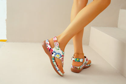 Women'S Plus Size Ethnic Floral Sandals - Adjustable Ankle Strap, Open Toe Platform Wedge Heel, Vibrant Embroidered Flower Design, Summer Casual Shoes, European & American Style, Summer Footwear | Vibrant Embroidery | Durable