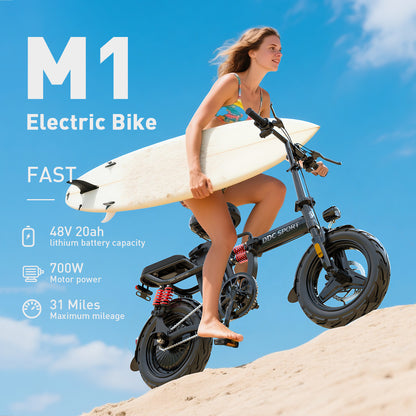 M1 Electric Bike For Adults,32 Miles Range,700W peak motor,20MPH Speed, 48V 20Ah Removable Battery, Dual Disc Brakes, Front And Rear Suspension & Commuter EBike, 14'' all-purpose tire, LCD Mileage Display